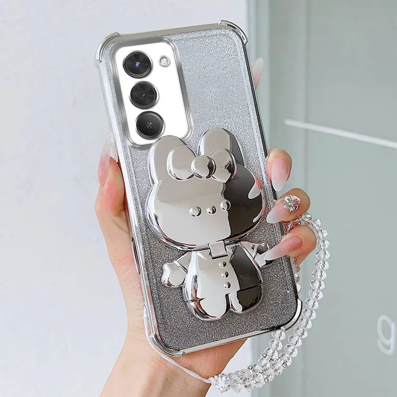 Luxury Shockproof Phone Case with Rabbit Makeup Swivel Stand Crystal Lanyard For Xiaomi Redmi 15 4G 5G 169mm 171mm Back Cover