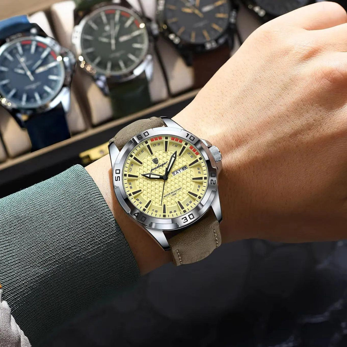 POEDAGAR Original Business Man Wristwatch Waterproof Luminous Date Week Casual Watch For Men Quartz Leather Luxury Fashion Men's Watches Reloj