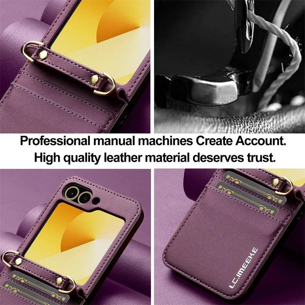 Wallet Crossbody Phone Case For Samsung Galaxy Z Flip 7 FE 6 5 4 3 Flip6 Flip7 5G with Card Holder Wrist Strap Lanyard Leather