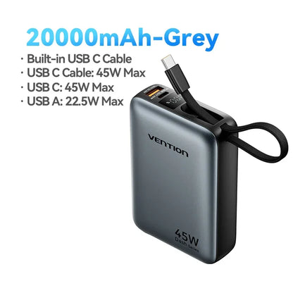45W 20000mAh Fast Charging Power Bank with Built-in Cable