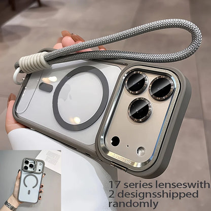 Luxury Orange Lanyard Magnetic Wireless Charging Metal Lens Holder Phone Case，CompatibleiPhone 17 Pro Max Air 16 15 14 13 12 Pro