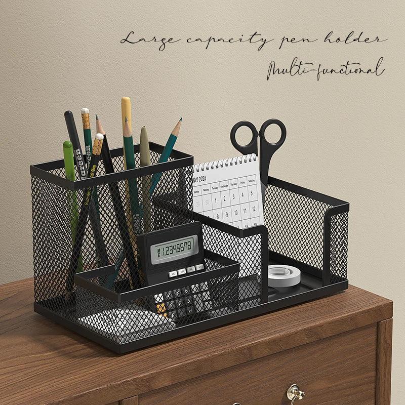 Mesh Desk Organizer Office Supplies Caddy with Pencil Holder and Storage Baskets for Desktop Accessories, 3 Compartments, Black - Urbizia