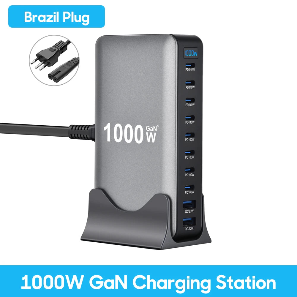 1000W 10-Port GaN Desktop Adapter 140W PD Fast Charging for MacBook Pro Laptop, 100W for Phone Tablet, Multi Port USB Hub Statio