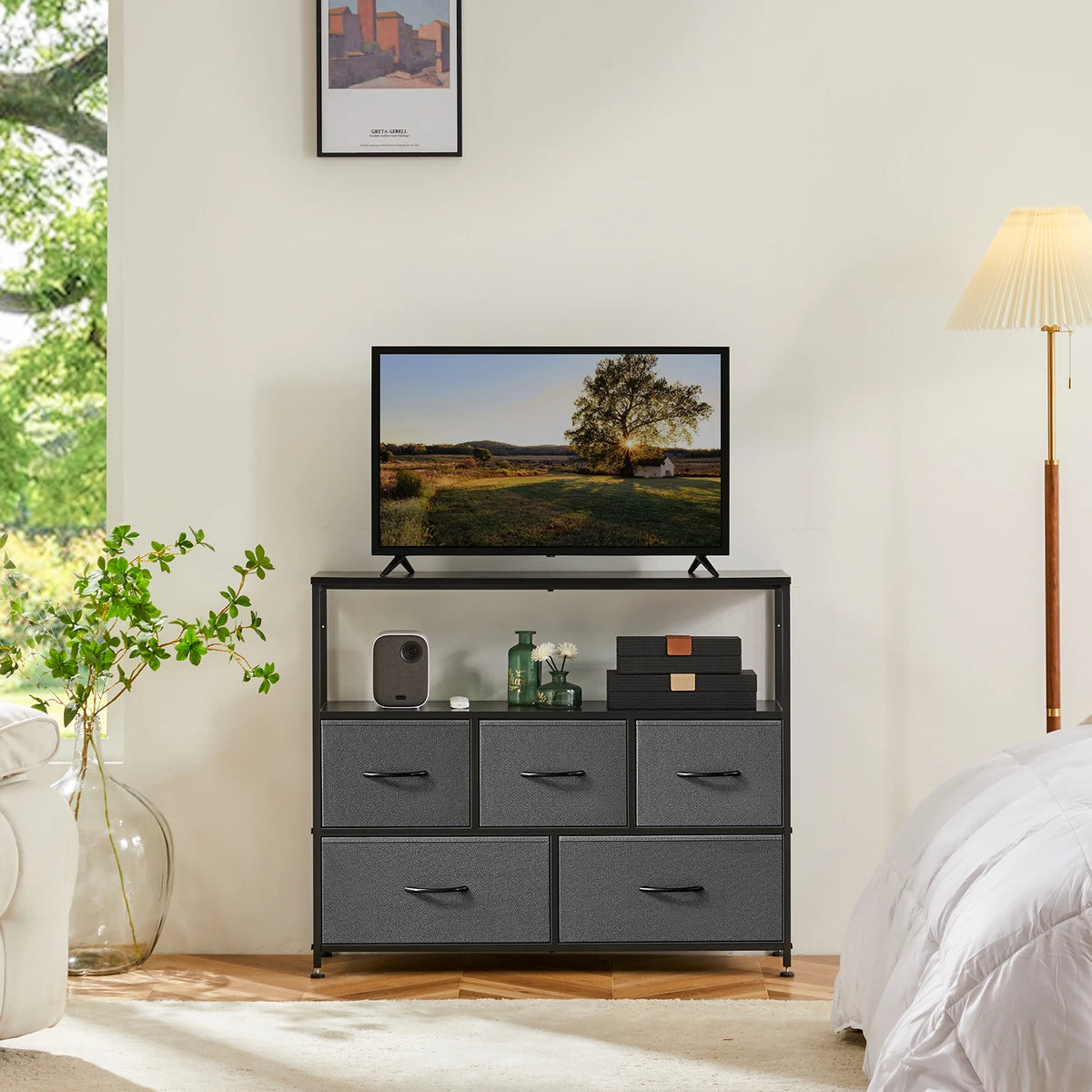 JHK Fireplace TV Stand Dresser For Bedroom With 5 Fabric Drawers Storage Closet Chest Clothes Storage Display Cabinet Furniture