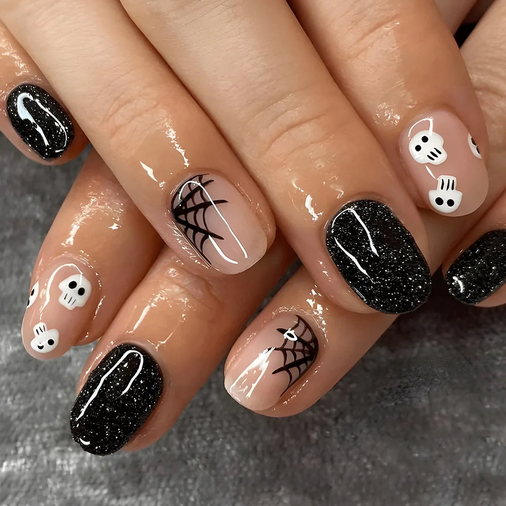 24Pcs Halloween Spider Print False Nails – Gothic Short Round Press-on Nail Tips for Women