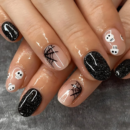 24Pcs Halloween Spider Print False Nails – Gothic Short Round Press-on Nail Tips for Women