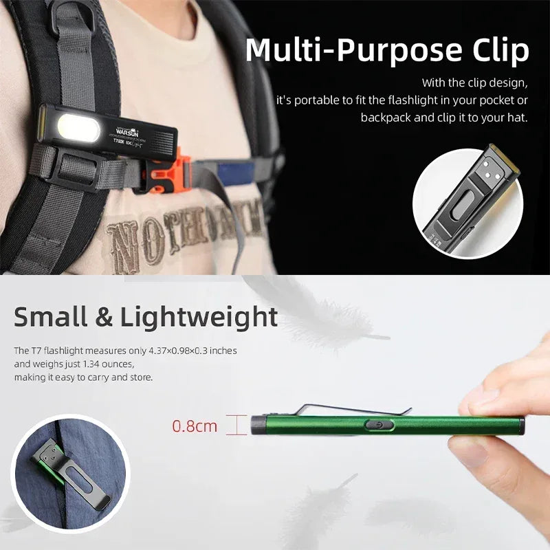 WARSUN T7 LED Torch Portable Mini Flashlight 800LM Rechargeable Pocket Light Magnetic Base Clip Work Light Hiking Fishing EDC - Urbizia