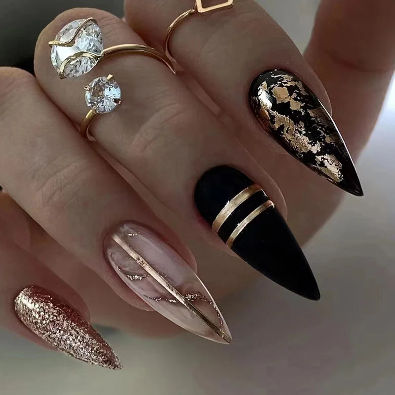 24Pcs Black Y2K Fake Nails with Diamond – Long Almond Butterfly Design Halloween Press-on Nails