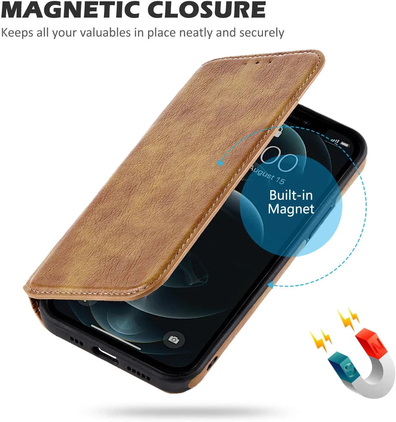 iPhone RFID Blocking Leather Wallet Case – Magnetic Flip