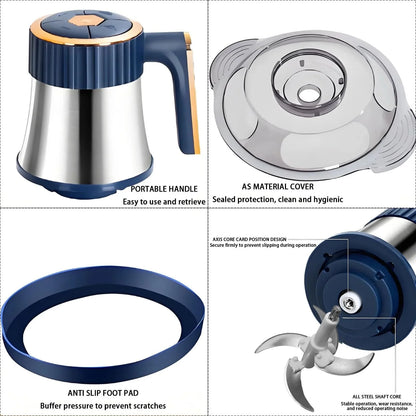 1pc 3L/0.8gal 300W 3-Speed High-Power Low-Noise B-PA-F-Ree 304 Stainless Steel Electric Meat Grinder Food Processor, Modern Kitchen Style Silver & Navy Blue Cylindrical Food Chopper With Ergonomic Handle, 4 Sharp Steel Blades