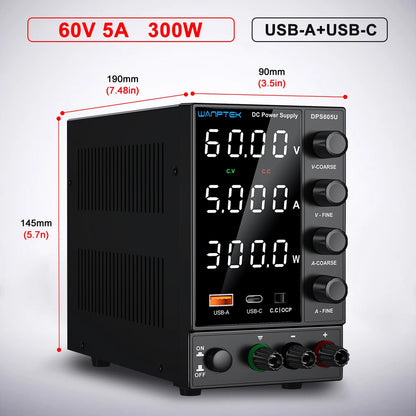 Wanptek Laboratory DC Power Supply 30V 10A 60V 5A 120V 3A with USB Fast Charging Adjustable Voltage Current Lab Power Supply