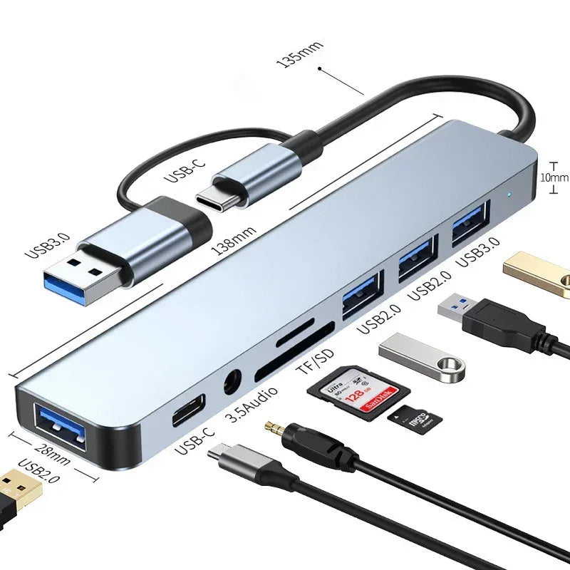 8 in 2 USB +Type C HUB Docking Station with 3.5mm Audio Jack Adapter Micro SD Card Reader Laptop Tablet Phone Disk Converter - Urbizia
