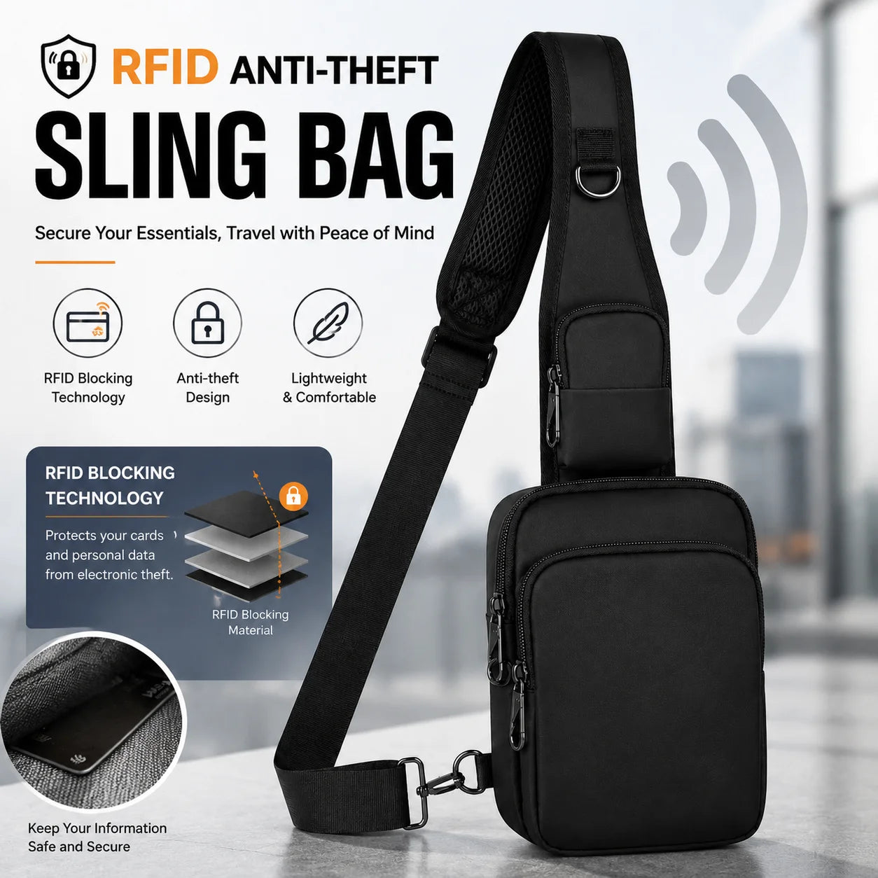 Fashionable Casual RFID Anti-Theft Sling Bag for Men's, Street Sports Chest Bag Simple Lightweight Shoulder Bag for Commuting