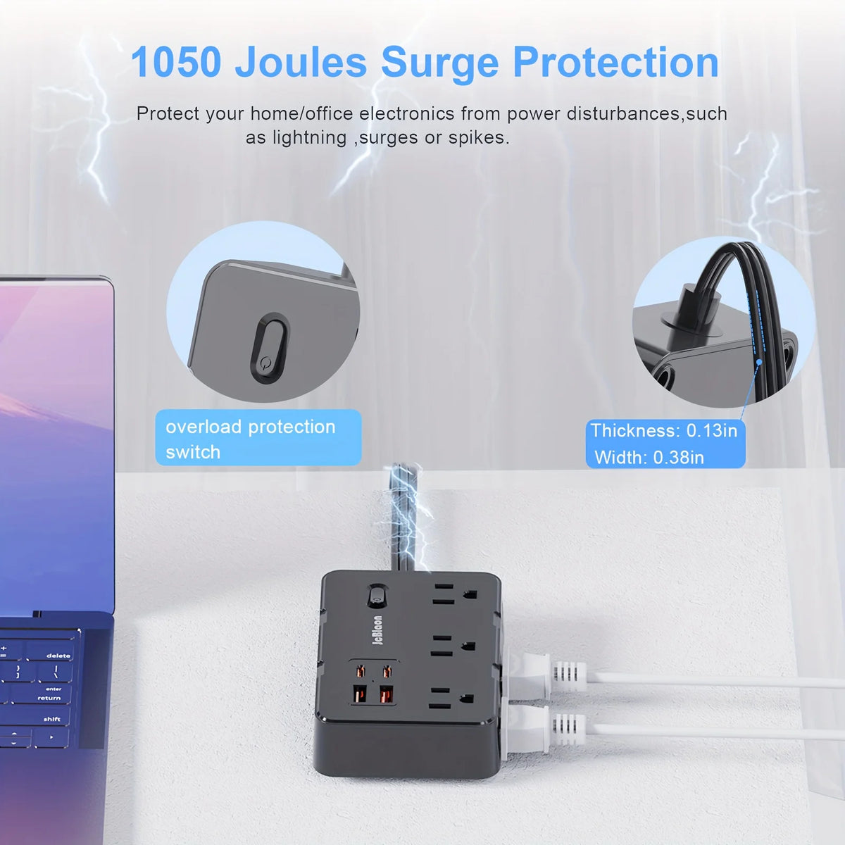 Surge Protector with 6 Widely Outlets Extender 4 USB Ports, 5ft Power Strip Ultra Thin Flat Plug, Power Adapter for Home Office