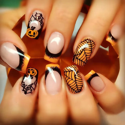 24Pcs Halloween Spider Print False Nails – Gothic Short Round Press-on Nail Tips for Women
