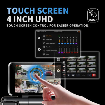 XUOIB I9pro-WB 4CH 360° Dash Cam 4K with 4'' Touch Screen Dash Car Camera 24H Parking Mode WiFi GPS Car DVR 8 IR Night Vision
