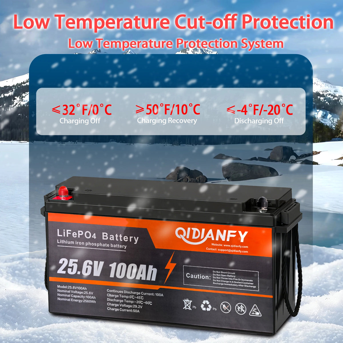 Qidianfy 24V 100Ah LiFePO4 Lithium Battery Built-in 100A BMS 2560W Deep Cycles for RV Camping Motorcycle Backup Power Off-Grid