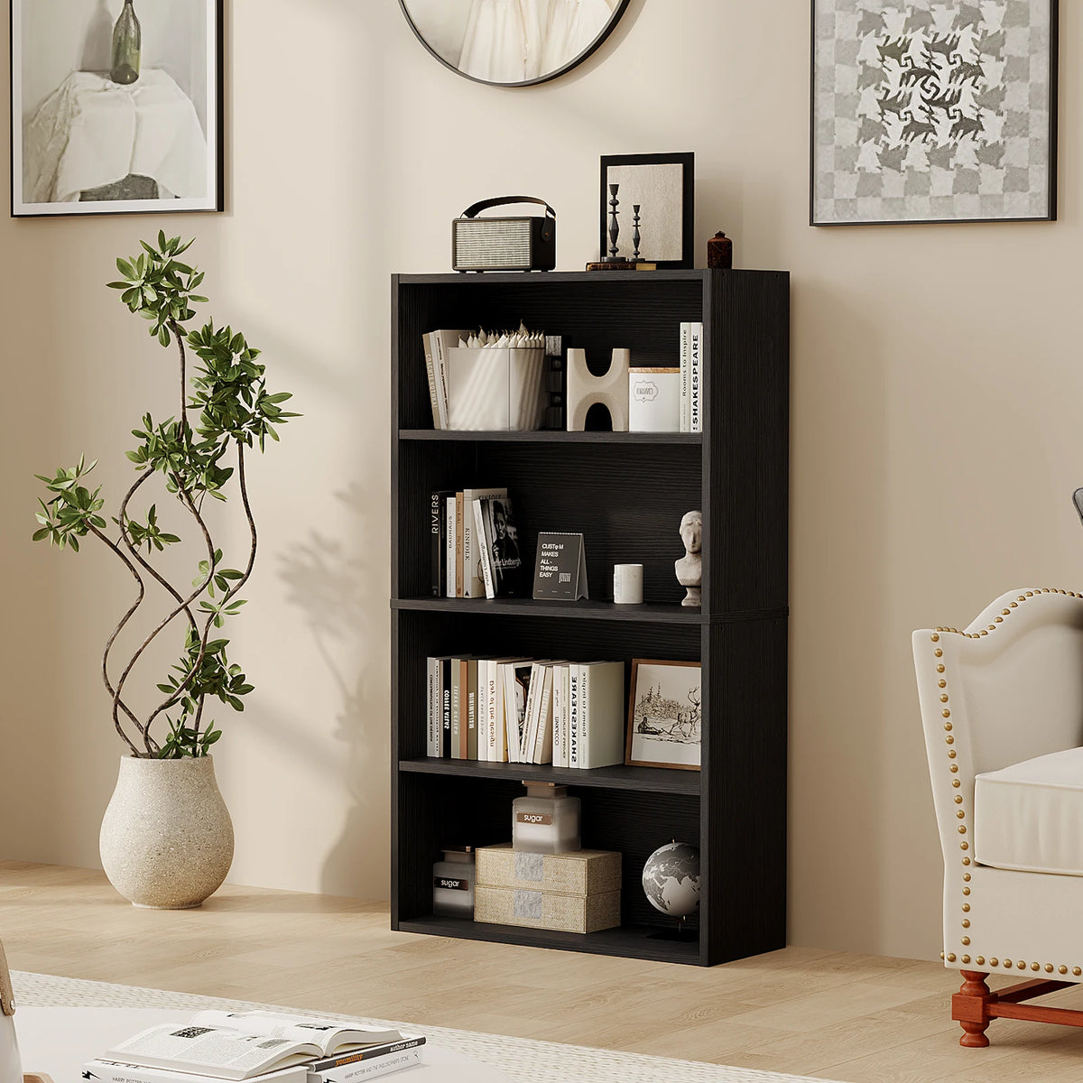 JHK 3-4 Tier Wooden Shelf Bookcase Tall Floor Standing Open Bookshelf for Living Room and Home Office Personalized Storage