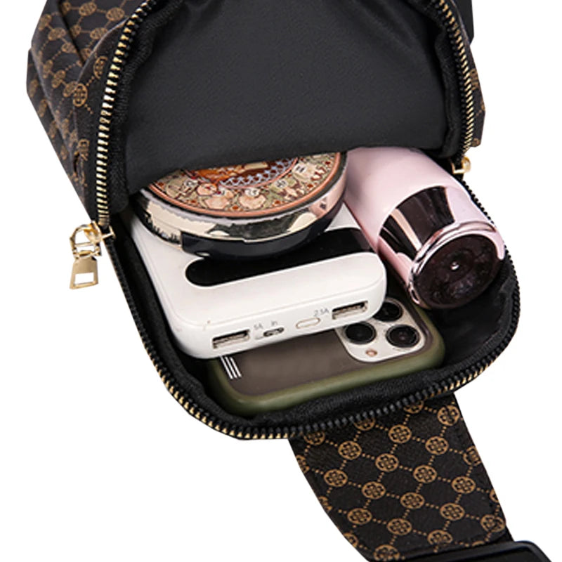 Brown Classic Plaid Pattern Chest Bag, Multi-zip Spacious Sling Purse Fits Phone, Makeup and Small Daily Essentials