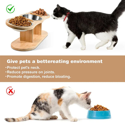 Raised Cat Feeder 3 Bowls in 1 Feeding & Watering Supplies 15° Raised Puppy 3 Stainless Steel Bowls Wood Stand Cats Accessories - Urbizia