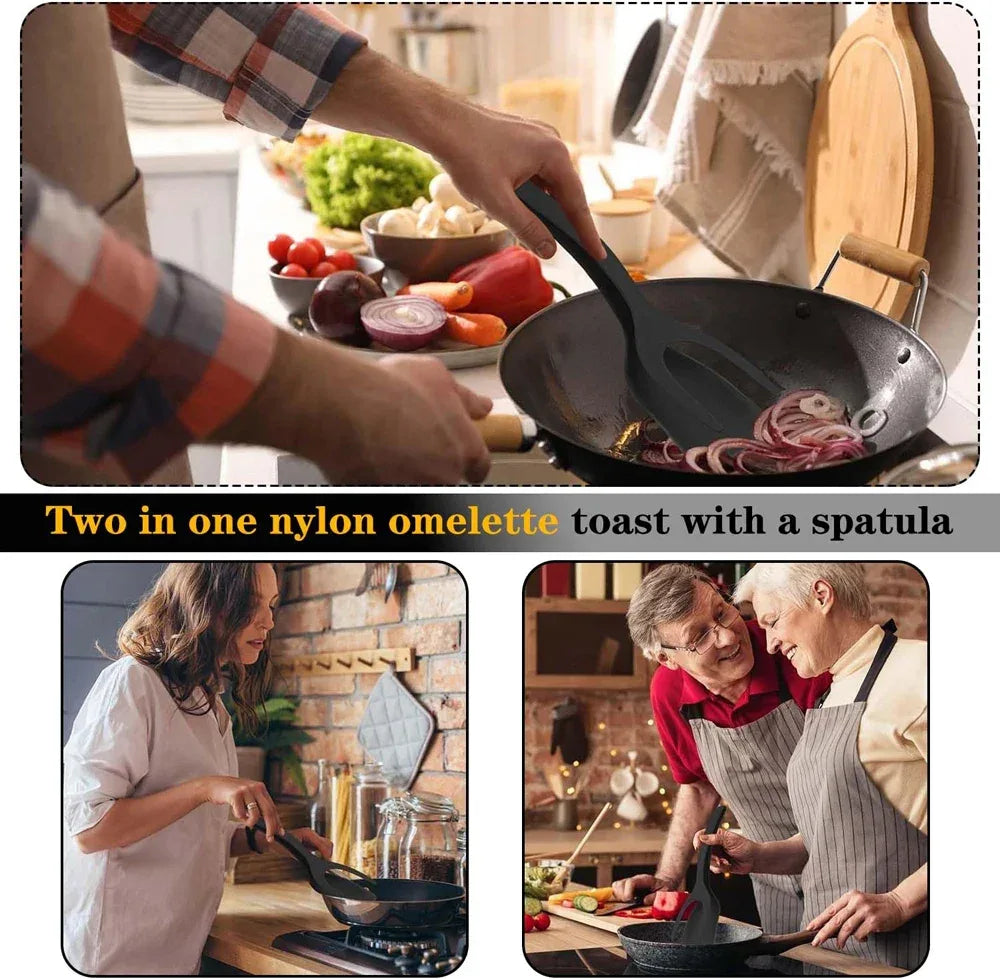 2-in-1 Flip Spatula Tongs Kitchen Cooking Turner Tool