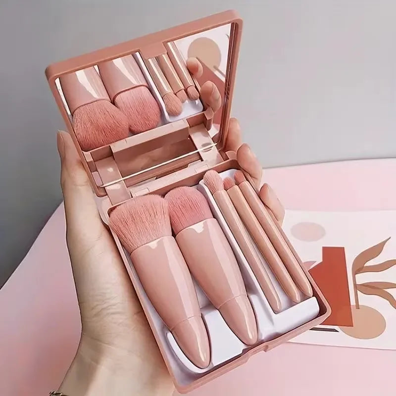 5-Piece Mini Travel Makeup Brush Set with Case and Mirror