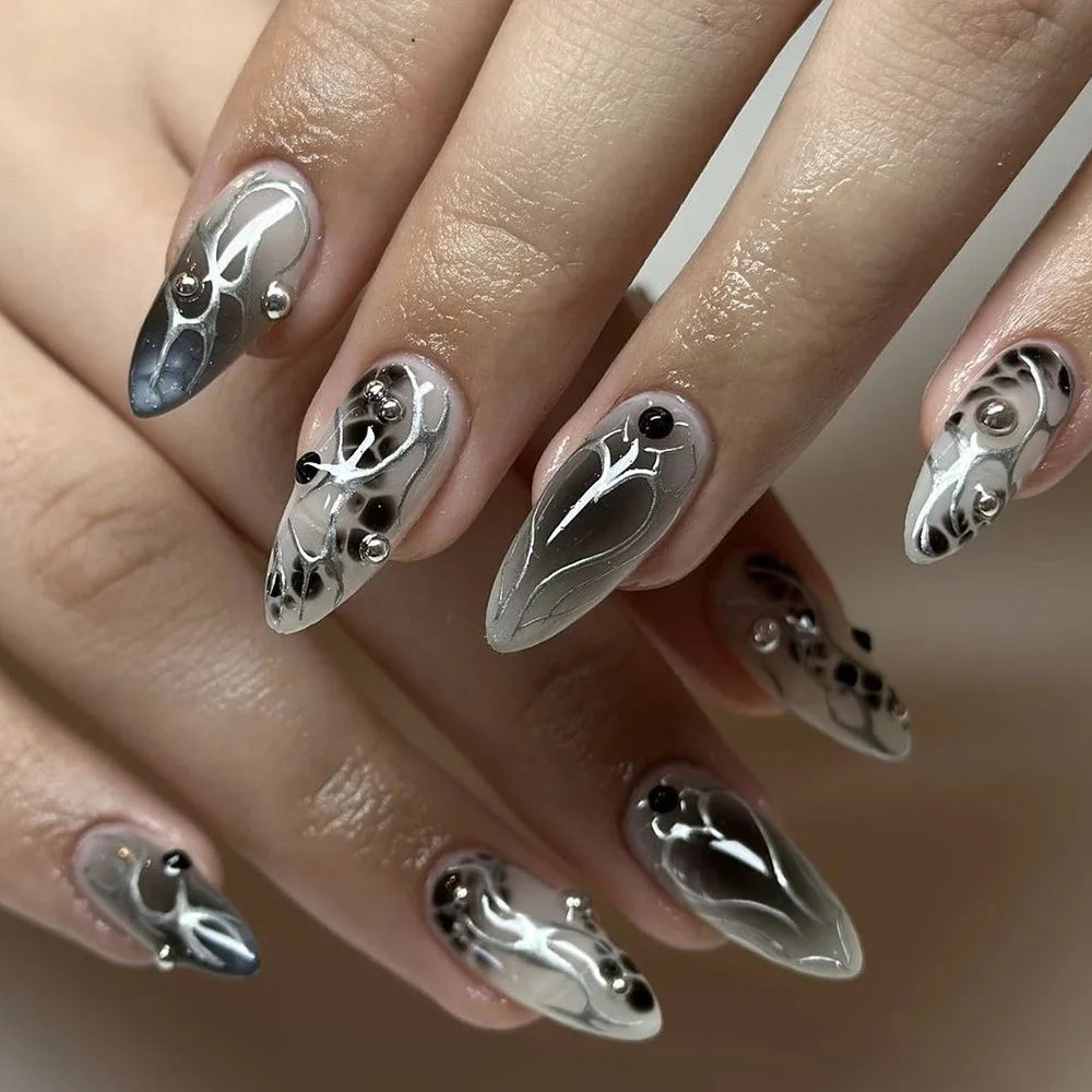 24Pcs Black Y2K Fake Nails with Diamond – Long Almond Butterfly Design Halloween Press-on Nails
