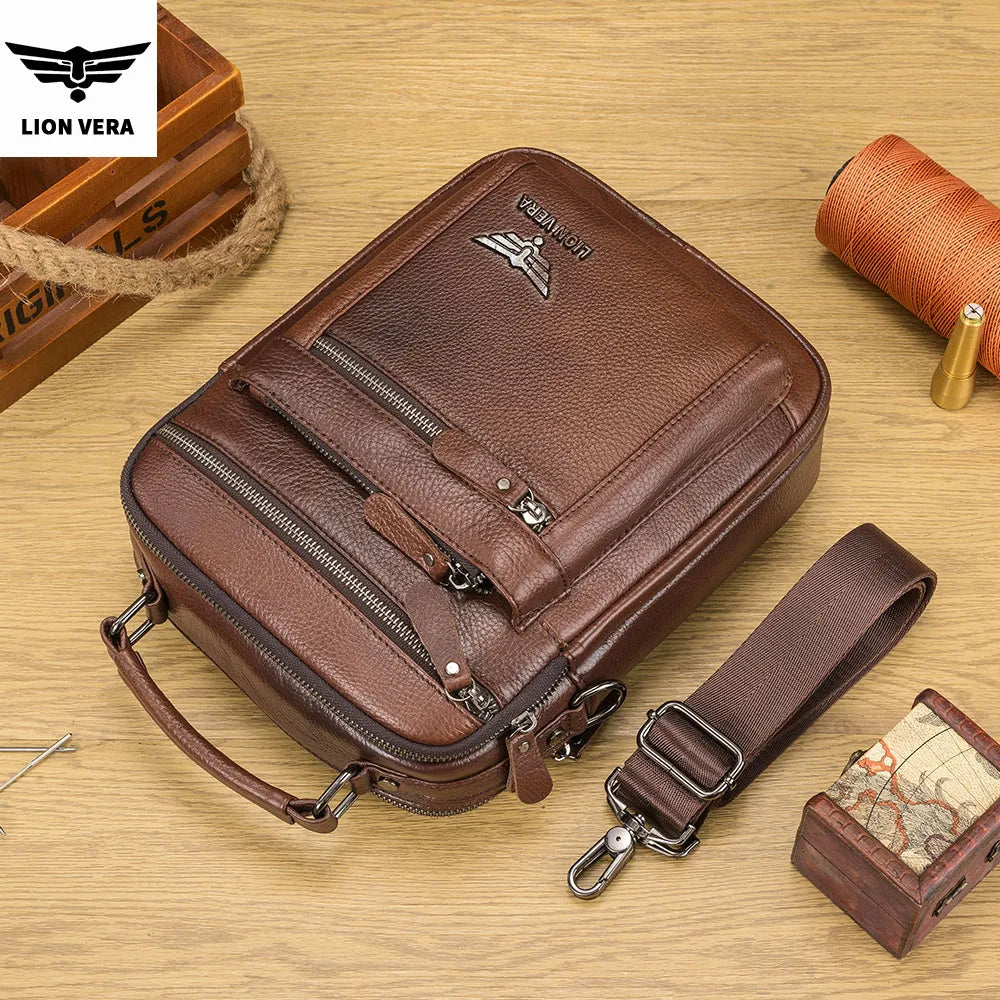LION VERA Men's Shoulder Bag Casual Mobile Phone Zipper Bag Large Capacity Business Genuine Leather Travel Crossbody Bag