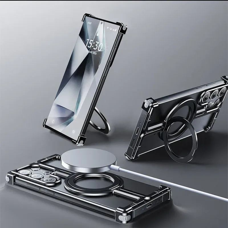 Magnetic Metal Bracket Phone Case For Samsung Galaxy S24 S23 Ultra Aluminum Alloy Frameless Bumper With Finger Ring Phone Cover