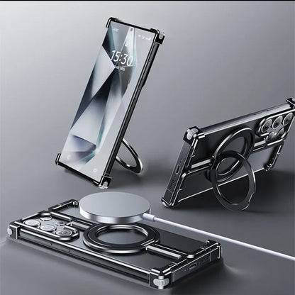Magnetic Metal Bracket Phone Case For Samsung Galaxy S24 S23 Ultra Aluminum Alloy Frameless Bumper With Finger Ring Phone Cover