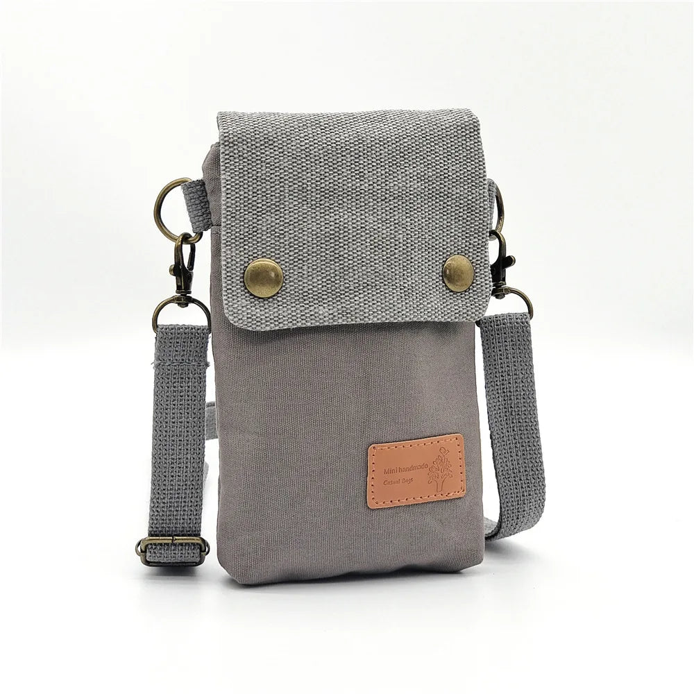 Solid Color Canvas 3 Layer Crossbody Cell Phone Bag Simple Cloth Women's Bag Fashion Satchel Shoulder Coin Purse