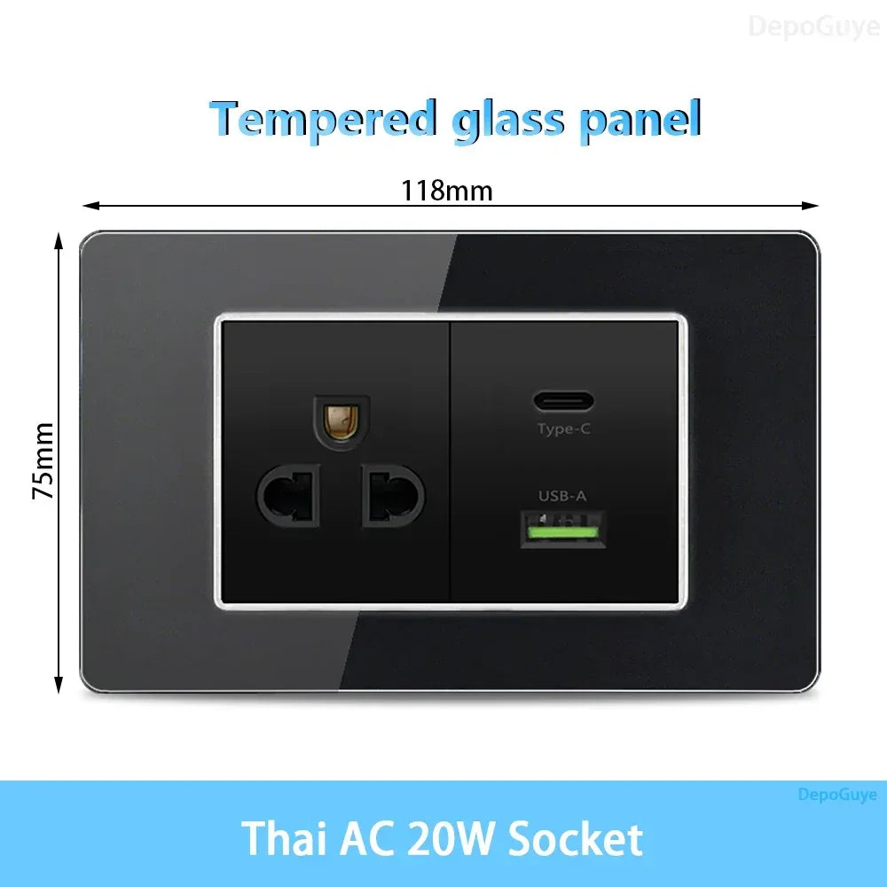 American Thai Standard USB Type-C 20W Fast Charging Power Outlet,Mexico with Smart usb c 3A Socket Wall Electric Light Switch - Urbizia