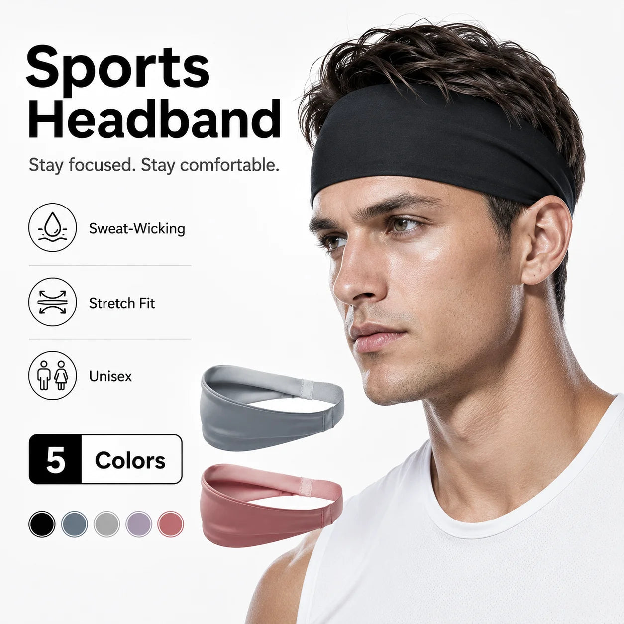 Sports Headband for Men Women Sweat Wicking Stretch Non Slip Hair Band Running Yoga Cycling Basketball Fitness Workouts 5 Colors