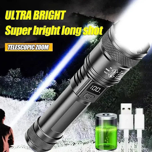 High Strong Power Led Flashlights 2000LM Tactical Torch with Display Light USB Charging Camping Fishing Emergency Zoom Lantern - Urbizia