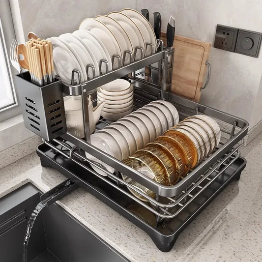 2-Tier Adjustable Steel Kitchen Dish Drying Rack with Drain Tray