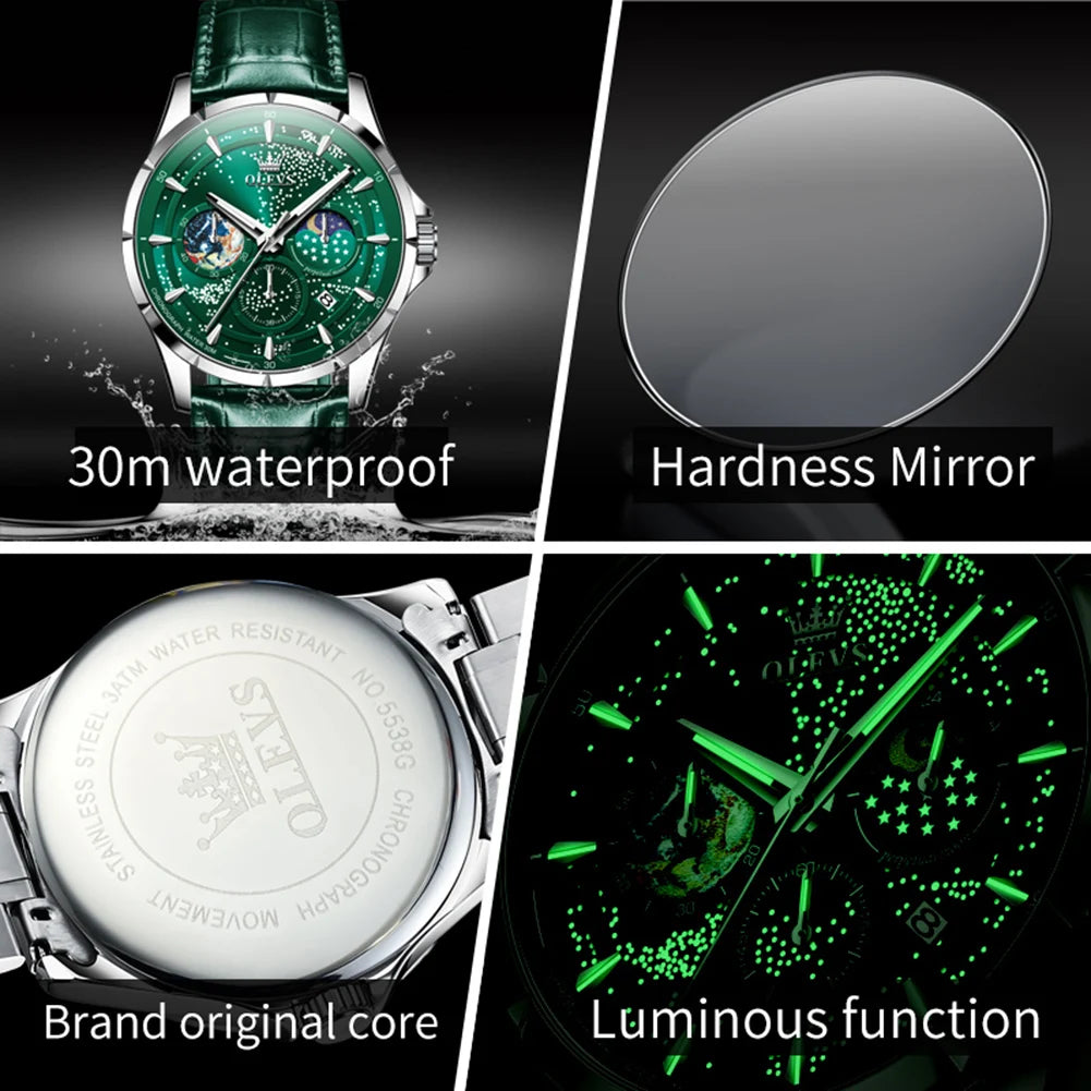 OLEVS Fashion Starry Sky Green Dial Quartz Watch for Men Multifunction Moon Phase Luminous Chronograph Watches Relogio Masculino