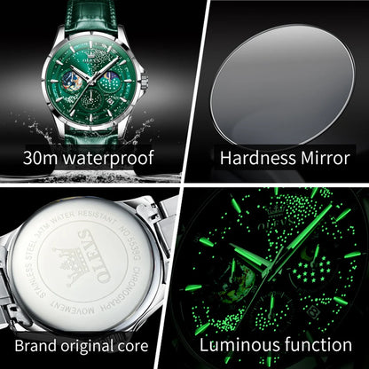 OLEVS Fashion Starry Sky Green Dial Quartz Watch for Men Multifunction Moon Phase Luminous Chronograph Watches Relogio Masculino