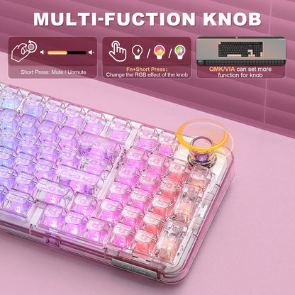 YUNZII X98 Pink QMK/VIA Wireless Transparent RGB Keyboard, Hot-Swap Gasket Mechanical Gaming Keyboard, Pre-lubed Knob Keyboard