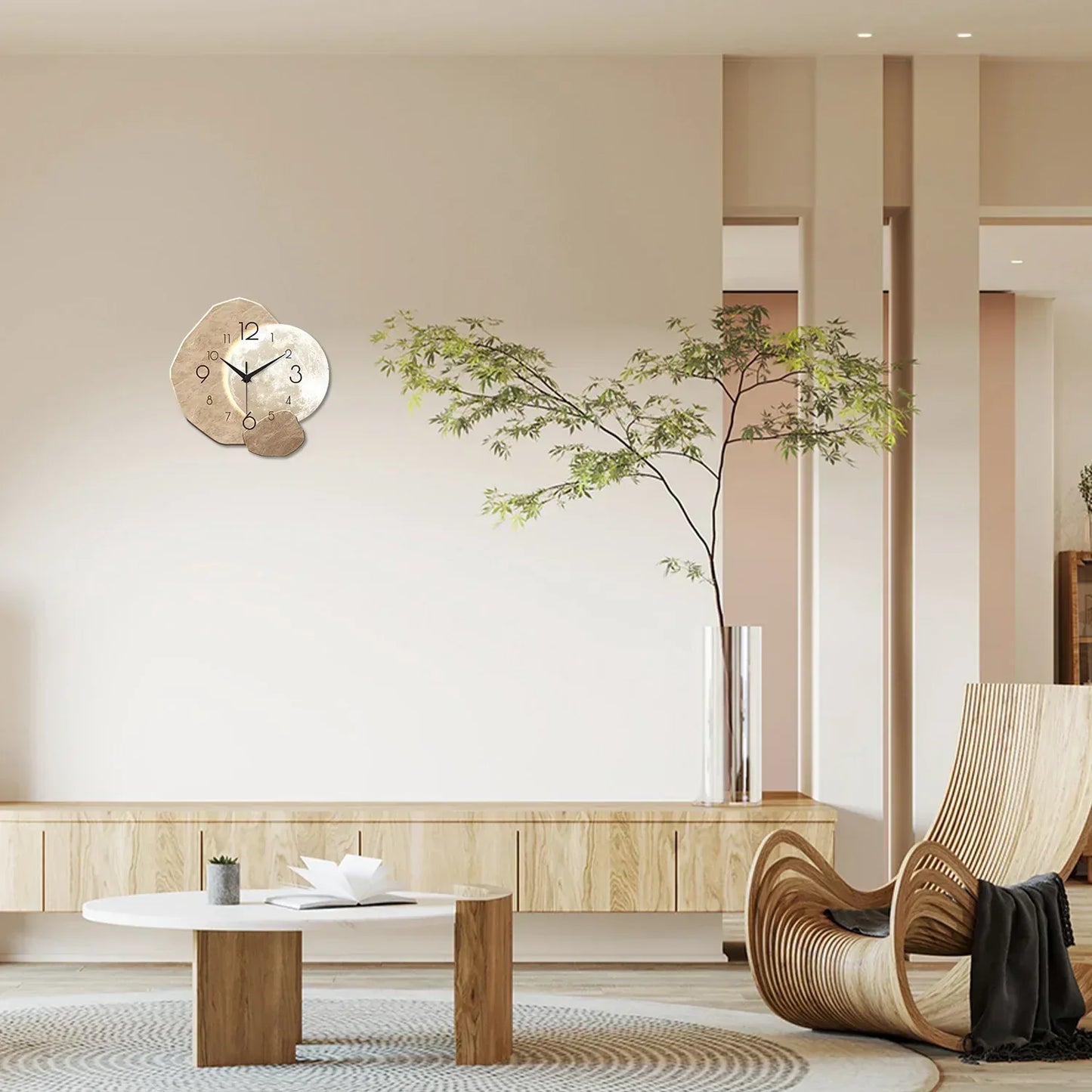 Modern Simple Silent Wall Clock, Moon Design - Quartz Movement, Wooden Material, for Bedroom, Living Room or Office Decoration - Urbizia