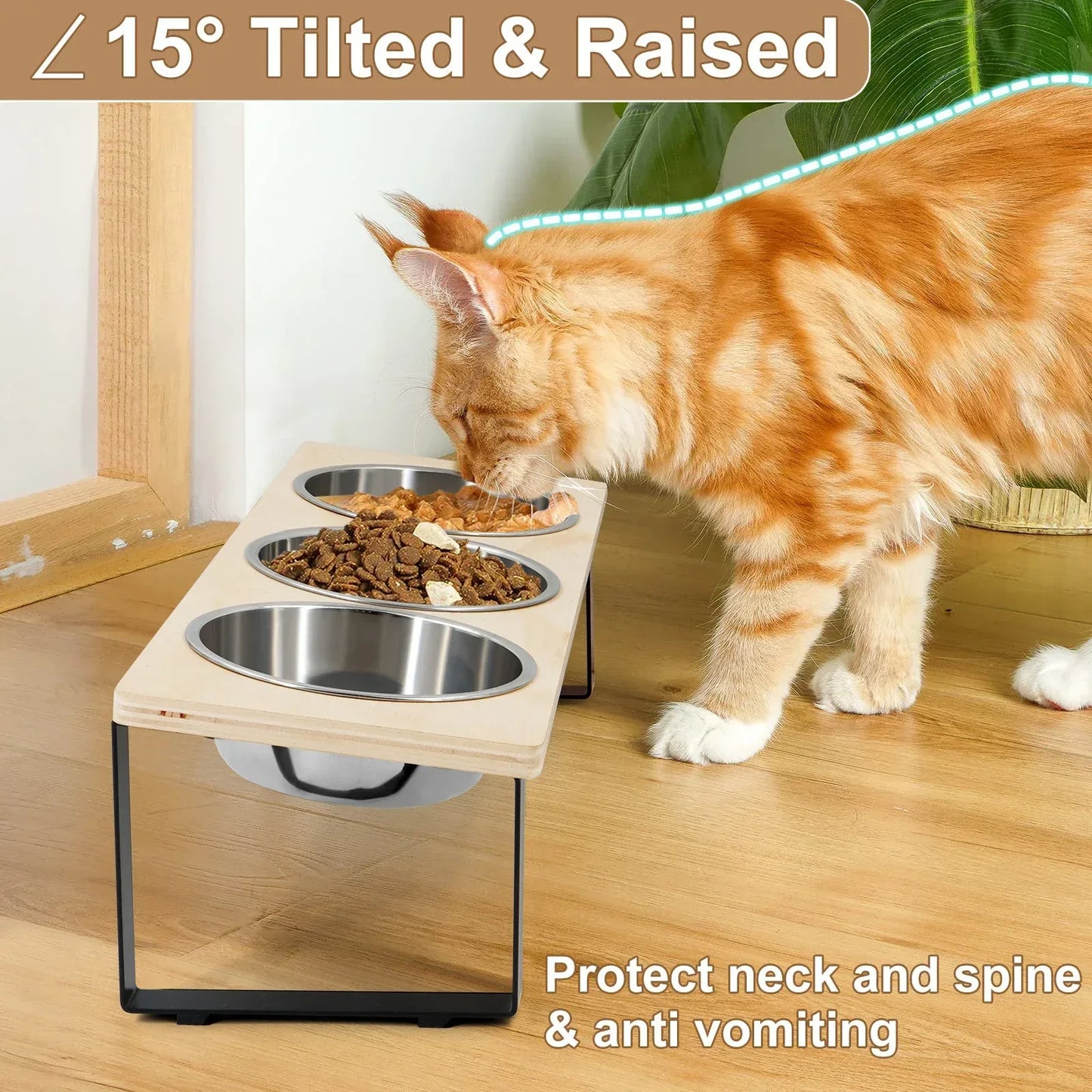 Elevated Cat Bowls Feeder 15° Tilted Raised Feeding & Watering Supplies Pet 3 Stainless Steel Bowls with Stand for Cats Puppies - Urbizia