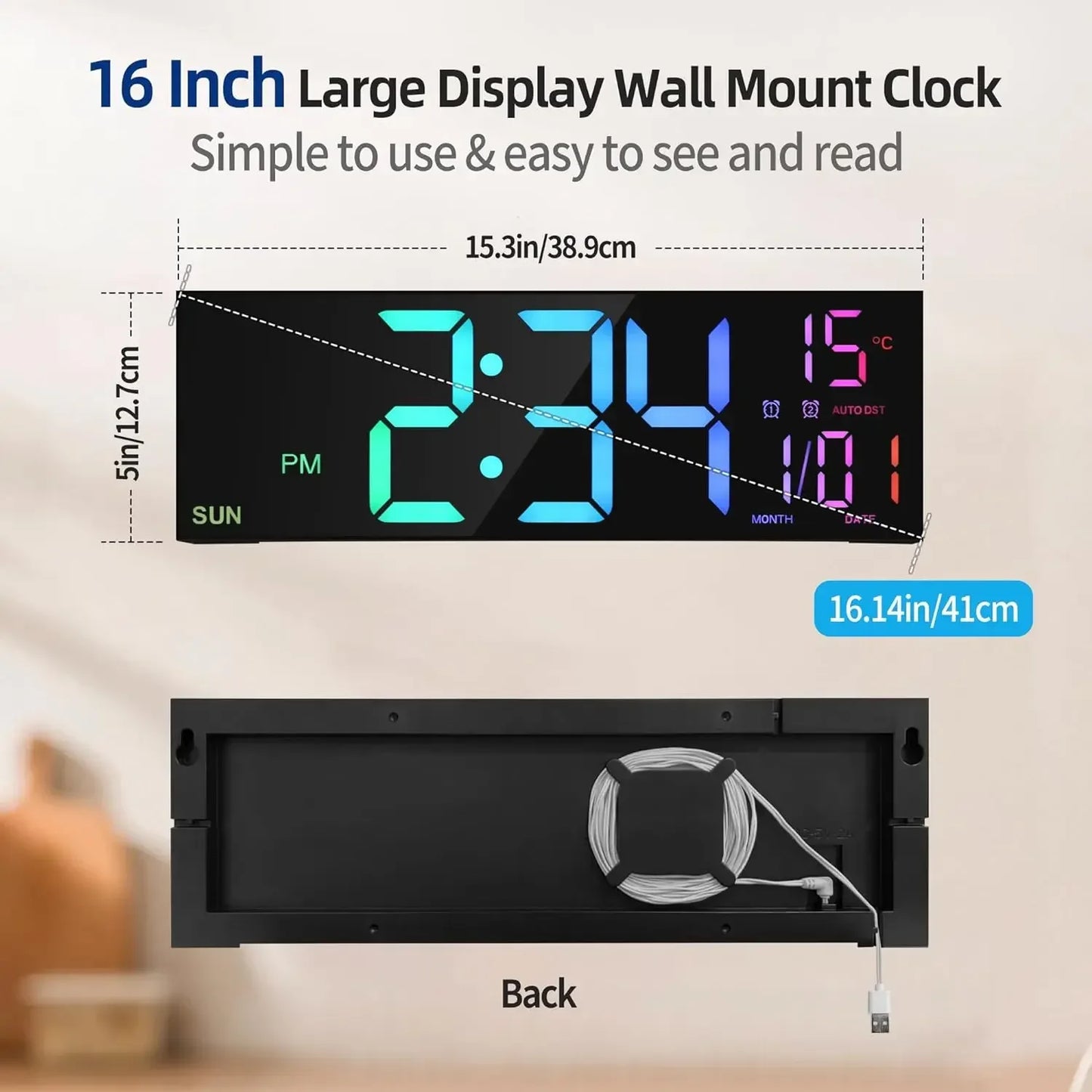 16.2'' Large Digital Wall Clock with Remote Control Big LED/Dual Alarm/8 RGB Colors Digital Alarm Clock Electronic Watch - Urbizia