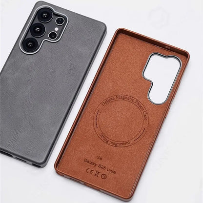 Retro Premium For Magsafe Leather Case For Samsung Galaxy S25 S24 S23 Ultra Luxury Magnetic Metal Lens Ring Shockproof Cover Bag
