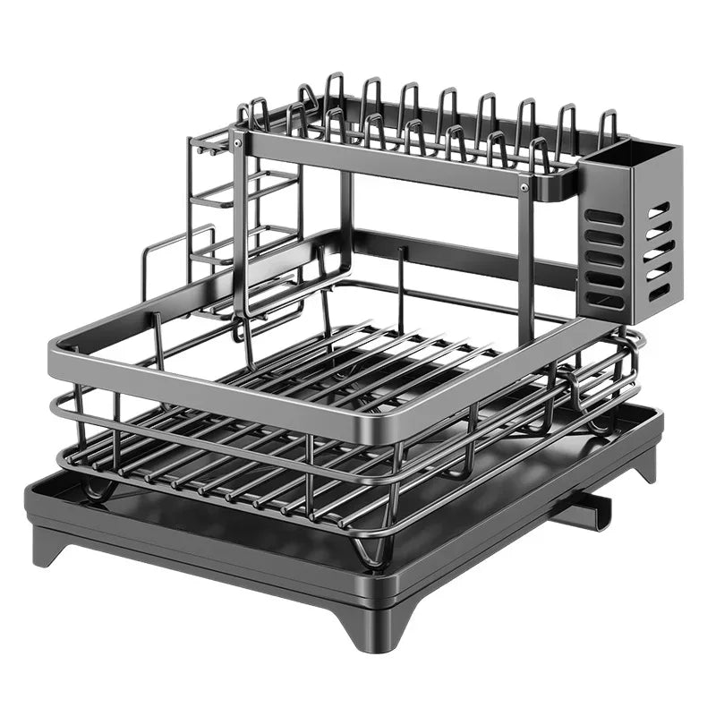 2-Tier Adjustable Steel Kitchen Dish Drying Rack with Drain Tray
