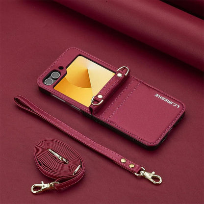 Wallet Crossbody Phone Case For Samsung Galaxy Z Flip 7 FE 6 5 4 3 Flip6 Flip7 5G with Card Holder Wrist Strap Lanyard Leather
