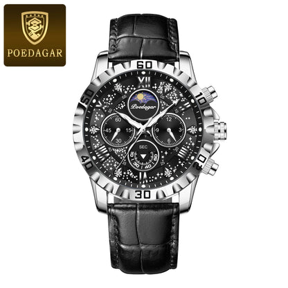POEDAGAR Luxury Fashion Man Watch Waterproof Luminous Chronograph Leather Watches For Men Sports Outdoor Men's Quartz Wristwatch