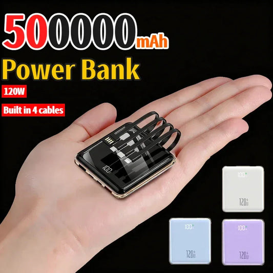 New 500000mAh Mini Power Bank Built-in 4 Cables Large Capacity Super Fast Charging External Battery for IPhone Samsung