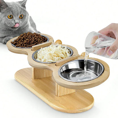 Cat 3 Bowls in 1 Feeder Feeding & Watering Supplies Food Bowl 15-Degree Tilt Raised Puppy 3 Stainless Steel Bowls Wood Brackets - Urbizia