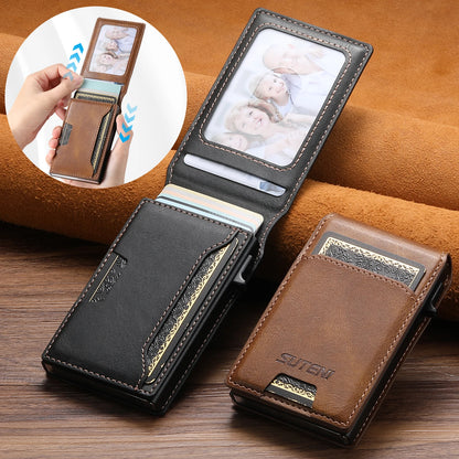 SUTENI PU Leather For Men Wallet Card Slot Wallet Flip Cover Card Box Pressing The Button Automatically Ejects The Card