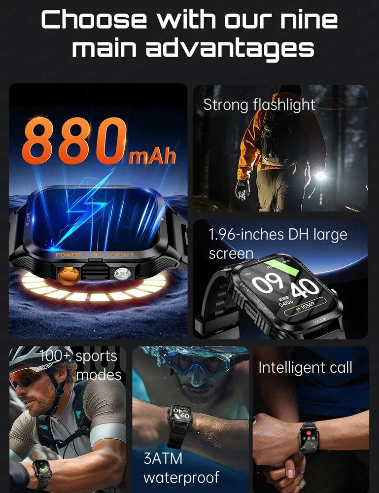 Outdoor Smartwatch Men GPS Sports 800mAh Battery Bluetooth Call Health 1.96-inch Screen Flashlight 3ATM Waterproof Smart Watch - Urbizia
