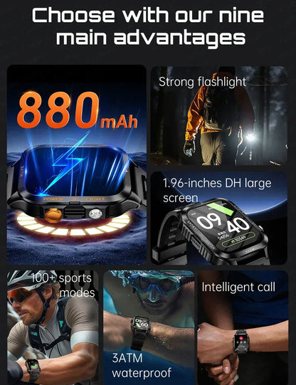 Outdoor Smartwatch Men GPS Sports 800mAh Battery Bluetooth Call Health 1.96-inch Screen Flashlight 3ATM Waterproof Smart Watch - Urbizia